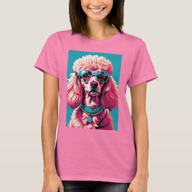 Glam Pink Poodle In Teal Sunglasses & Heart Callor T-Shirt (Vorderseite)