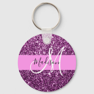 Glam Pink & Purple Glitter Sparkles Monogram Name Schlüsselanhänger