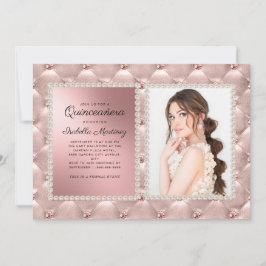 Glam Pink Rose Gold Quinceñera Foto Pearls Einladung