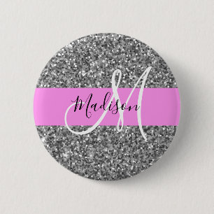 Glam Pink & Silber Glitter Funkeln Monogramm Name Button