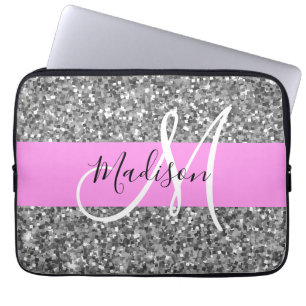 Glam Pink & Silber Glitter Funkeln Monogramm Name Laptopschutzhülle