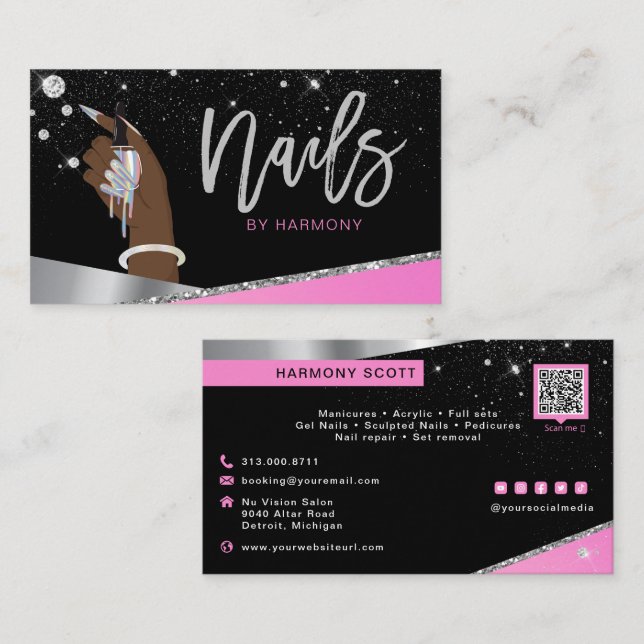 Glam Pink Silver Diamonds Nail Salon Tech Artist Visitenkarte (Vorne/Hinten)