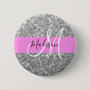 Glam Pink & Silver Glitzer Glitzern Monogramm Name Button