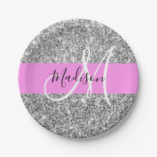 Glam Pink & Silver Glitzer Glitzern Monogramm Name Pappteller