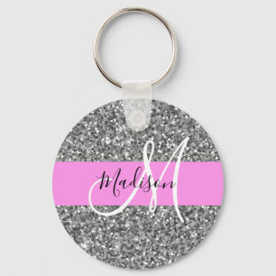 Glam Pink & Silver Glitzer Glitzern Monogramm Name Schlüsselanhänger