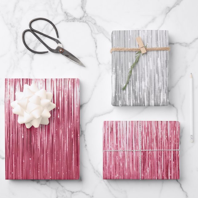 Glam Pink Silver Sparkle Streifen Geschenkpapier Set (Vorderseite)