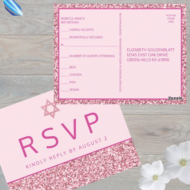 Glam Pink Simple Modern Bat Mitzvah UAWG Postkarte (RSVP postcards are a smart option for your Bat Mitzvah celebration)