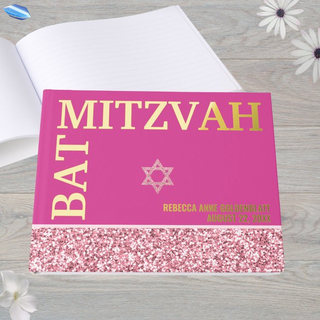 Glam Pink Star von David Bat Mitzvah Gold Gästebuch (Bold typography BAT MITZVAH design printed in real gold foil)