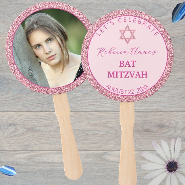 Glam Pink Trendy Girl Foto Bat Mitzvah Party Fächer (These personalized photo hand fans make unique Bat Mitzvah party favors)