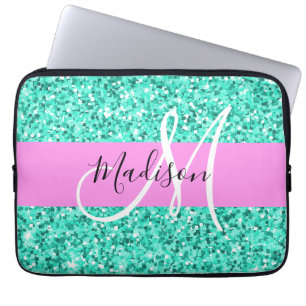 Glam Pink Türkis Glitzer Glitzern Monogram Name Laptopschutzhülle