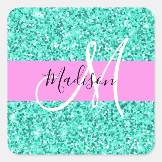 Glam Pink Türkis Glitzer Glitzern Monogram Name Quadratischer Aufkleber (Vorderseite)
