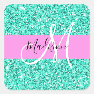 Glam Pink Türkis Glitzer Glitzern Monogram Name Quadratischer Aufkleber