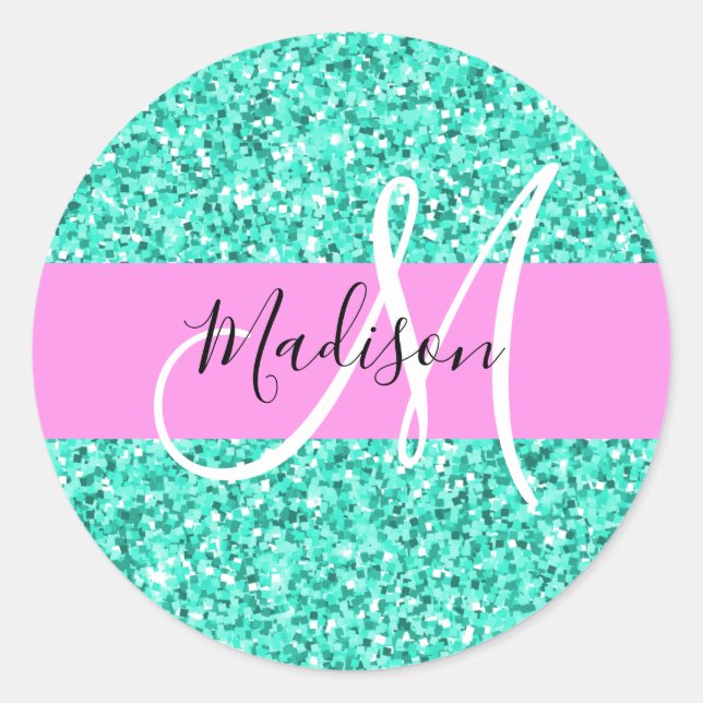 Glam Pink Türkis Glitzer Glitzern Monogram Name Runder Aufkleber (Vorderseite)