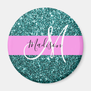 Glam Pink Türkis Grün Glitter Funkeln Name Monogra Magnet