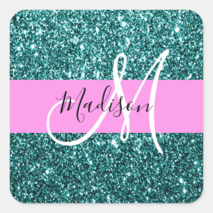 Glam Pink Türkis Grün Glitter Funkeln Name Monogra Quadratischer Aufkleber