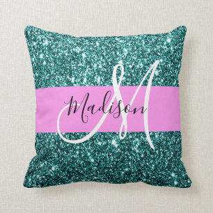 Glam Pink Türkis Grün Glitter Glanz Name Monogramm Kissen