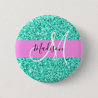 Glam Pink und Aqua Glitzer Glitzern Monogram Name Button