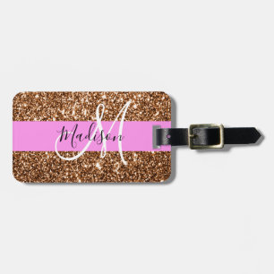 Glam Pink- und Bronzeschimmer-Monogramm-Name Gepäckanhänger