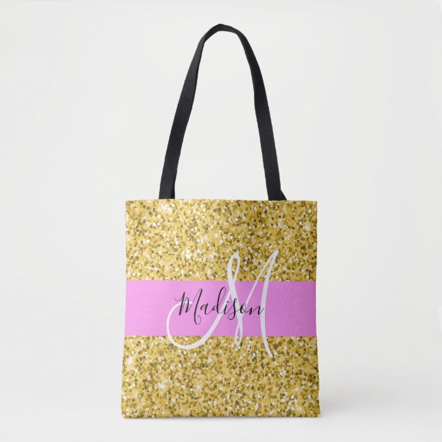 Glam Pink und Gold Glitzer Glitzern Monogram Name (Vorderseite)