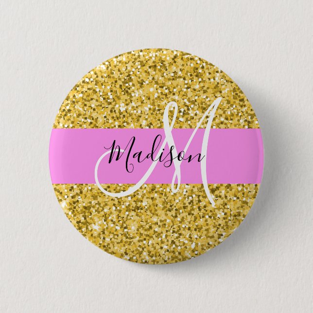 Glam Pink und Gold Glitzer Glitzern Monogram Name Button (Vorderseite)