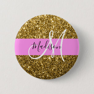 Glam Pink und Gold Glitzer Glitzern Monogram Name Button