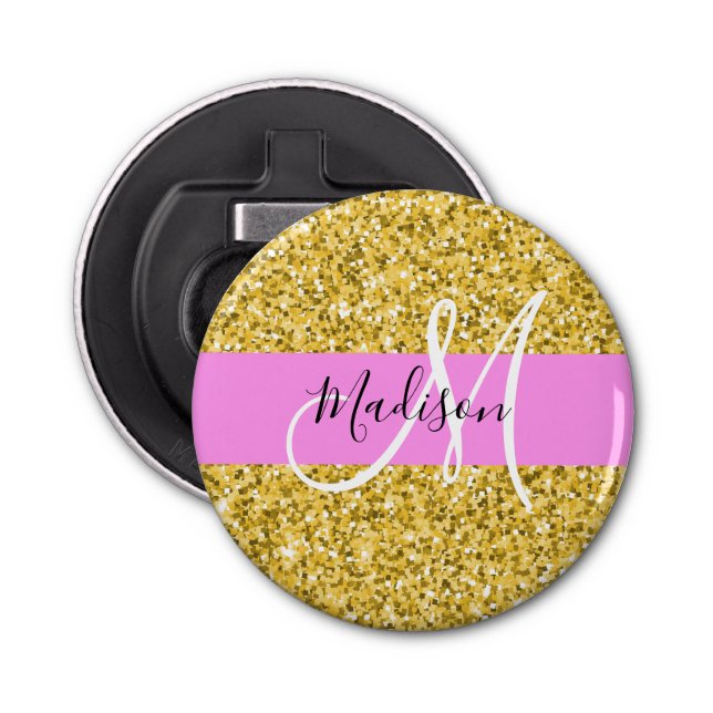 Glam Pink und Gold Glitzer Glitzern Monogram Name Flaschenöffner (Vorderseite)