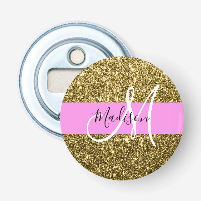 Glam Pink und Gold Glitzer Glitzern Monogram Name Flaschenöffner (Vorderseite)