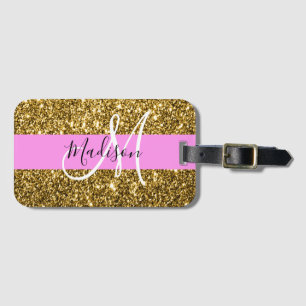 Glam Pink und Gold Glitzer Glitzern Monogram Name Gepäckanhänger