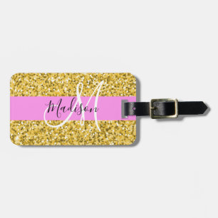 Glam Pink und Gold Glitzer Glitzern Monogram Name Gepäckanhänger