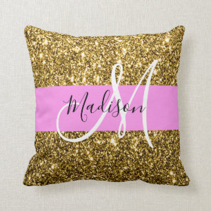 Glam Pink und Gold Glitzer Glitzern Monogram Name Kissen