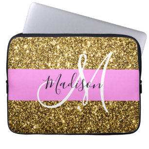 Glam Pink und Gold Glitzer Glitzern Monogram Name Laptopschutzhülle