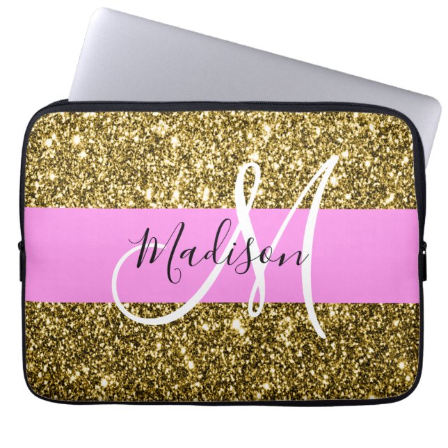 Glam Pink und Gold Glitzer Glitzern Monogram Name Laptopschutzhülle (Vorderseite)