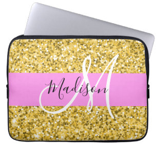 Glam Pink und Gold Glitzer Glitzern Monogram Name Laptopschutzhülle