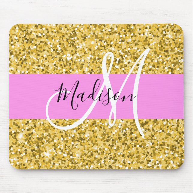 Glam Pink und Gold Glitzer Glitzern Monogram Name Mousepad (Vorne)