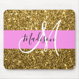 Glam Pink und Gold Glitzer Glitzern Monogram Name Mousepad
