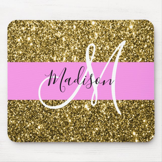 Glam Pink und Gold Glitzer Glitzern Monogram Name Mousepad (Vorne)