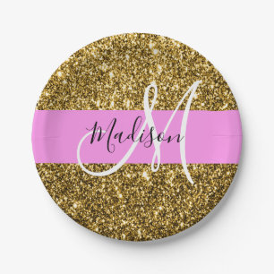 Glam Pink und Gold Glitzer Glitzern Monogram Name Pappteller