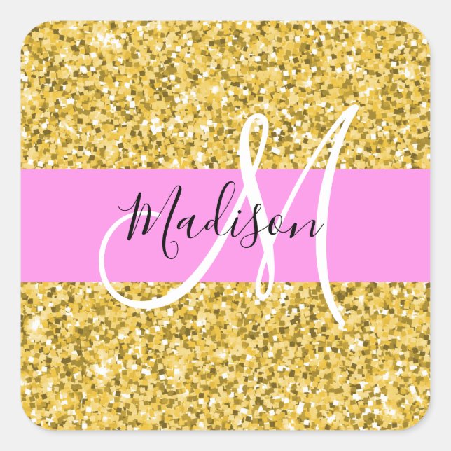Glam Pink und Gold Glitzer Glitzern Monogram Name Quadratischer Aufkleber (Vorderseite)