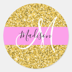 Glam Pink und Gold Glitzer Glitzern Monogram Name Runder Aufkleber