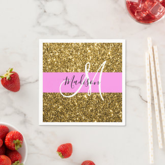 Glam Pink und Gold Glitzer Glitzern Monogram Name Serviette