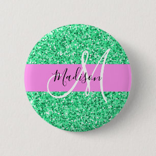 Glam Pink und Green Glitzer Glitzern Monogram Name Button