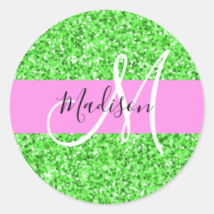 Glam Pink und Green Glitzer Glitzern Monogram Name Runder Aufkleber