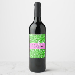 Glam Pink und Green Glitzer Glitzern Monogram Name Weinetikett