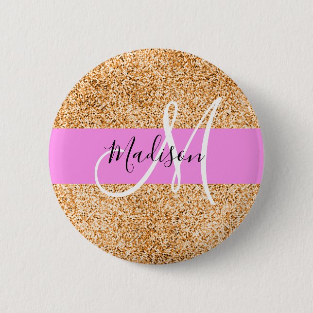 Glam Pink- und Kupfer-Glitter-Monogramm-Name Button (Vorderseite)