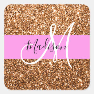 Glam Pink- und Kupfer-Glitter-Monogramm-Name Quadratischer Aufkleber