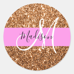 Glam Pink- und Kupfer-Glitter-Sparkles-Monogramm-N Runder Aufkleber