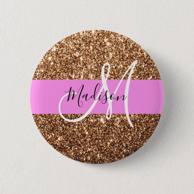 Glam Pink und Kupfer Glitzer Glitzern Monogram Nam Button (Vorderseite)