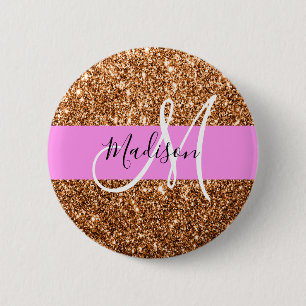 Glam Pink und Kupfer Glitzer Glitzern Monogram Nam Button