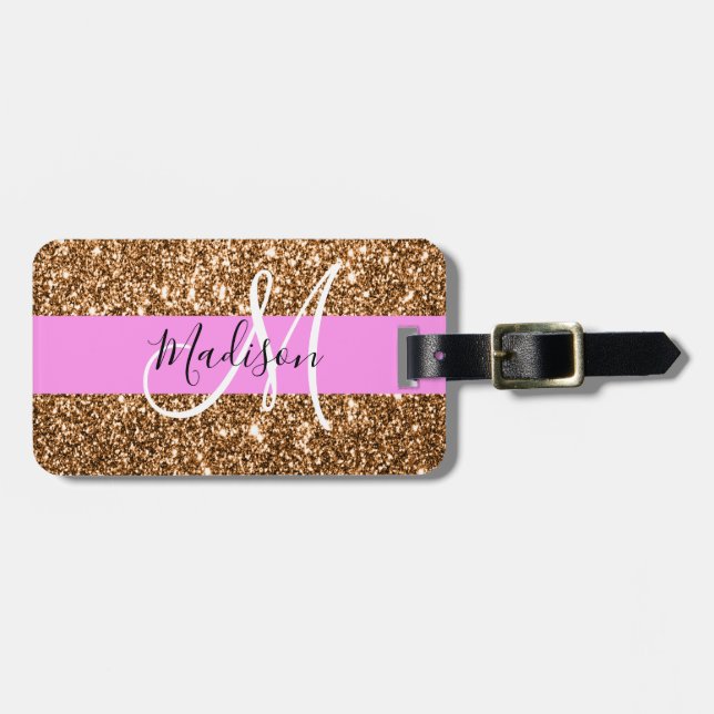 Glam Pink und Kupfer Glitzer Glitzern Monogram Nam Gepäckanhänger (Vorderseite horizontal)