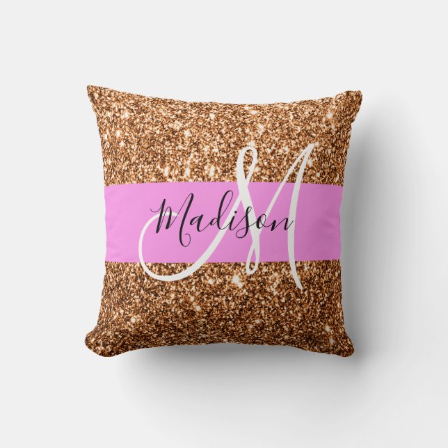 Glam Pink und Kupfer Glitzer Glitzern Monogram Nam Kissen (Vorderseite)